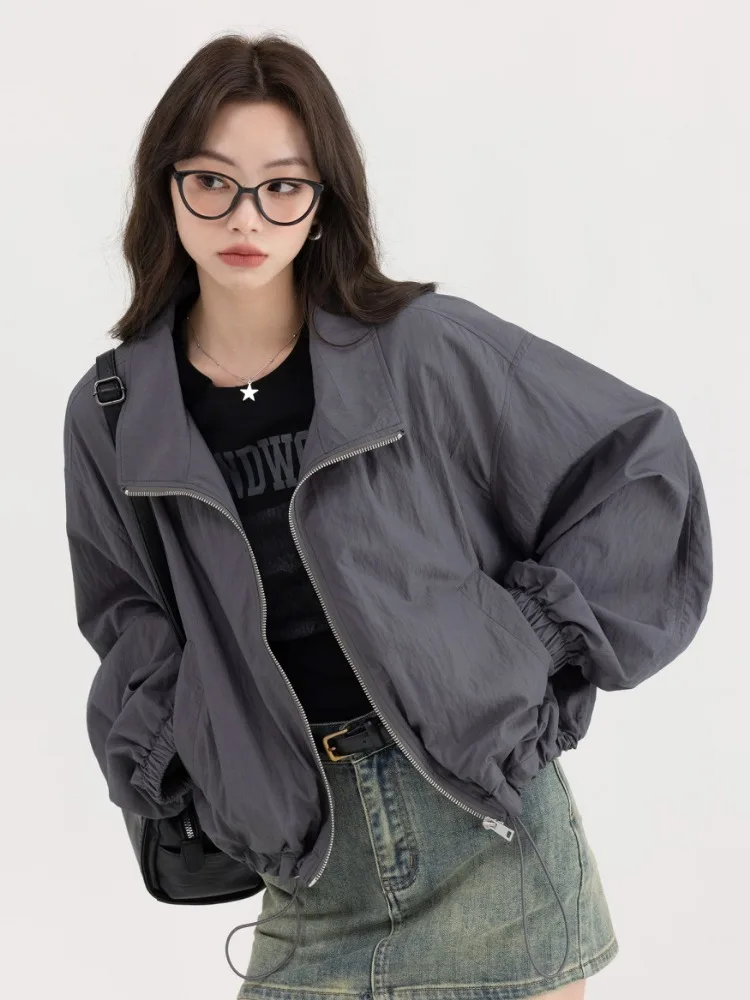 Top Trends: Deeptown Korean Y2K Dark Grey Jackets Women Gorpcore Windbreaker Crop Jacket Female Harajuku Korean Oversize Zip Up Outdoor Tops Shoppable Styles