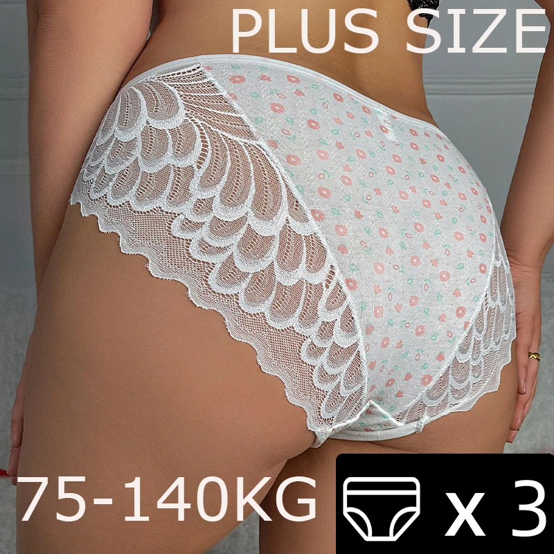 Top Trends: 3PCS 1XL-4XL Plus Size Mid-waist Lace Flowers Printed Panties Women Soft Underwear Breathable Briefs Female Sexy Lingerie Cheeky Shoppable Styles