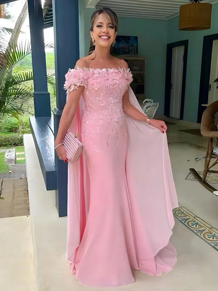 Top Trends: With Cape Wedding Guest Dress Off The Shoulder Appliqued Chiffon Mother Of The Bride Dress Wedding Guest Formal Occasion Shoppable Styles