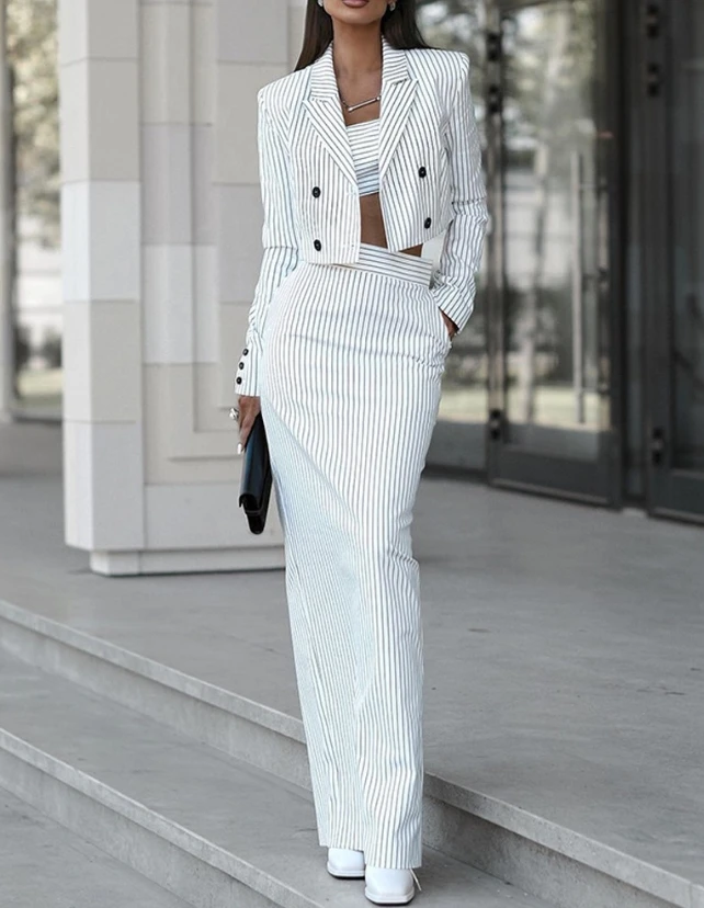 Top Trends: 2023 Autumn New Commuting Skirt Set Daily Slimming Temperament Striped Blazer Coat And Fashion Casual Slit Skirt Set For Women Shoppable Styles