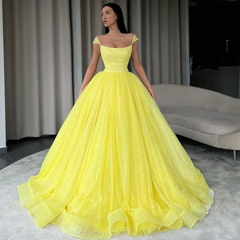 Top Trends: JEHETH Modern Yellow Tulle Prom Dresses Cap Sleeves Square Collar Evening Party Dress A Line Long Shiny Robes De Cocktail Shoppable Styles