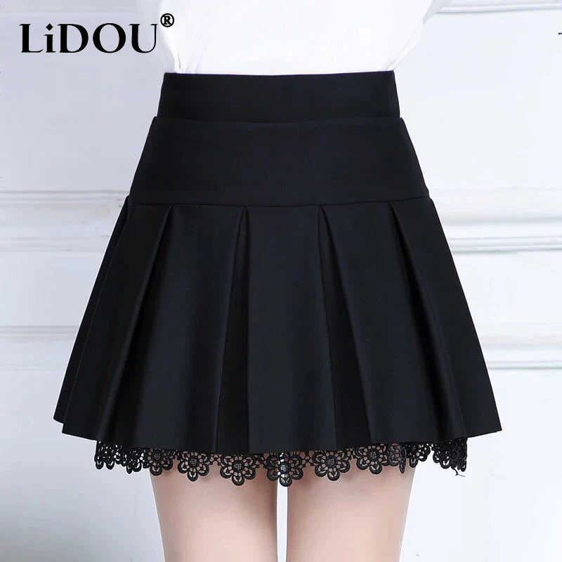 Top Trends: 2022 Spring Summer Ladies Elegant Fashion Black Lace Edge Pleated A-line Short Skirts Girls High Waist All-match Fluffy Skirt Shoppable Styles