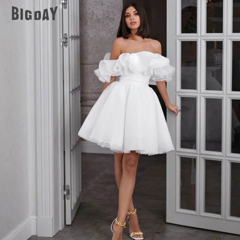 Top Trends: White Mini Short Wedding Dresses For Women 2024 Bride A Line Wedding Gowns Off The Shoulder Ruffle Belt Sleeveless Bridal Dress Shoppable Styles