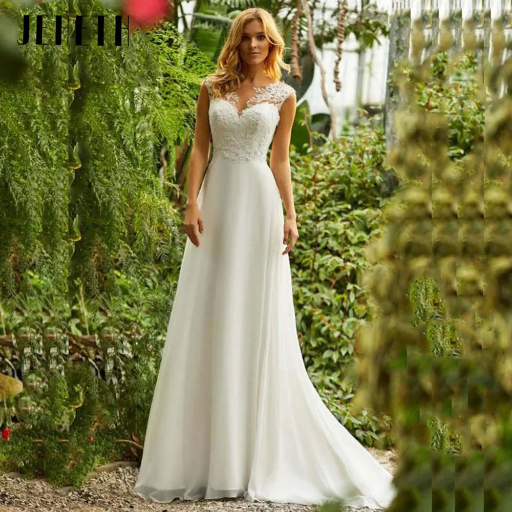 Top Trends: JEHETH Beach Lace Chiffon Wedding Dress Charming O-Neck Appliques Bridal Gowns A-Line Backless Sleeveless Robe De Mariee 2024 Shoppable Styles