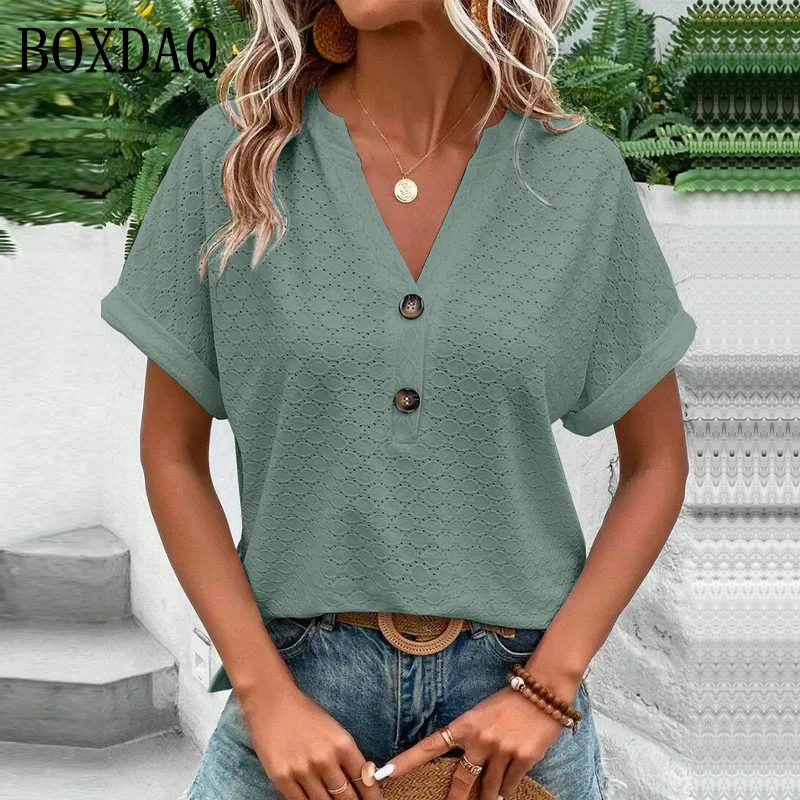 Top Trends: 2023 New Fashion Women Blouses Casual Jacquard Button V-Neck Solid Loose Shirts Summer Short Sleeve Oversized Tops Female Shoppable Styles