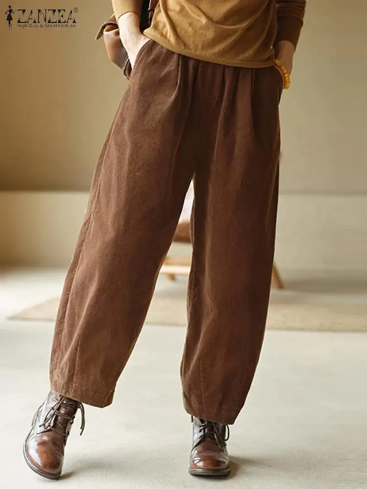 Top Trends: Women Corduroy Harem Pants Vintage Elastic Waist Long Trouser Casual Loose Autumn Straight Pants ZANZEA Korean Pocket Retro Pant Shoppable Styles