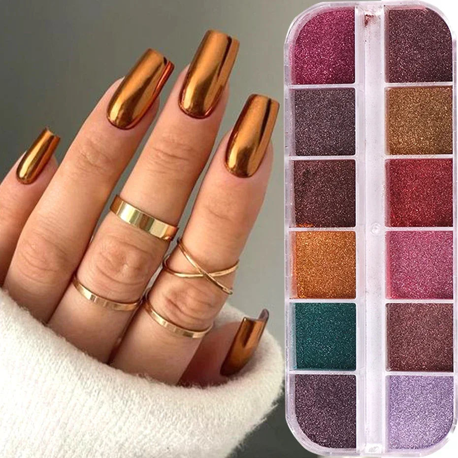 Top Trends: 12 Grids Colorful Metallic Nail Mirror Powder Glitter Winter Brown UV Gel Polish Chrome Dust Metallic Effect Pigment Decorations Shoppable Styles