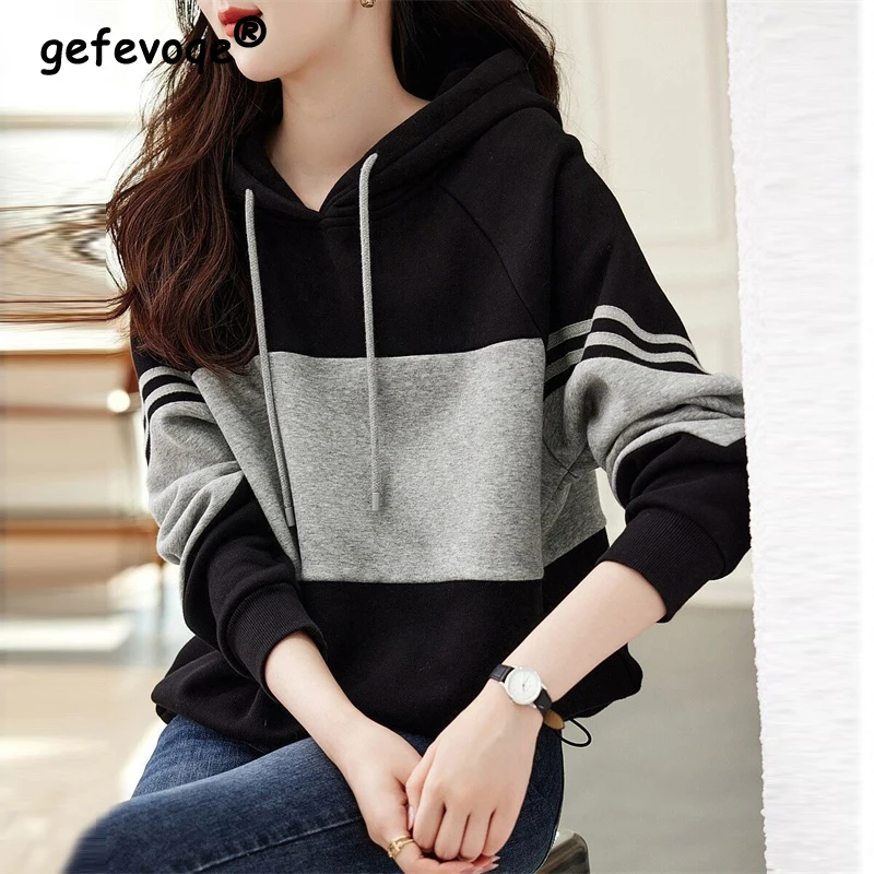 Top Trends: Women Contrast Color Patchwork Casual Streetwear Oversize Y2K Hooded Sweatshirts Autumn Trendy Long Sleeve Tunic Pullover Hoodie Shoppable Styles