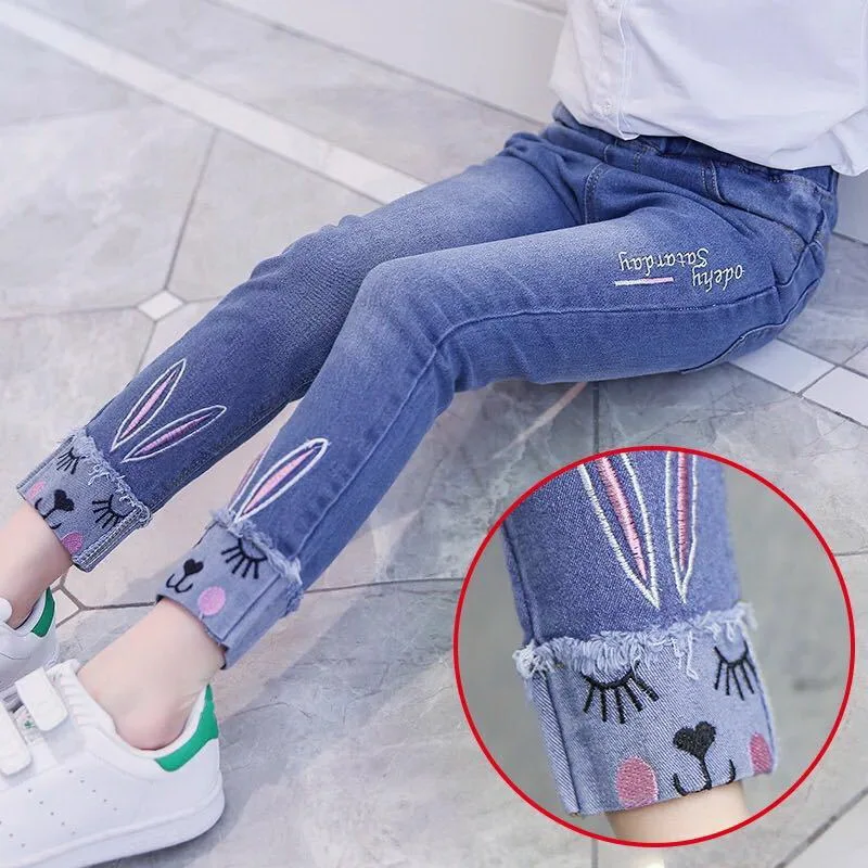 Top Trends: Fashion Girls Cartoon Rabbit Embroidered Jeans Kids Pants Korean Girls Slim-Fit Denim Trousers 3-12 Year Old Children’s Clothing Shoppable Styles