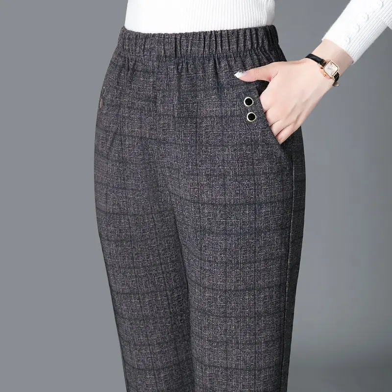 Top Trends: Korean Fashion Women Vintage Slim Pants Spring Autumn Streetwear New Elastic High Waist Stripe Plaid Straight Casual Trousers Shoppable Styles