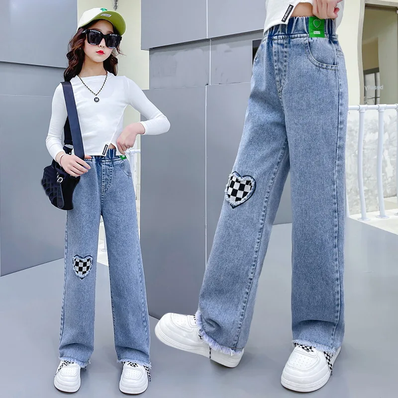 Top Trends: 2024 Casual Style Jeans For Girl Teenage Clothes Elastic High Waist Denim Wide Leg Pants Spring Big Kids Straight Trousers 5-14Y Shoppable Styles