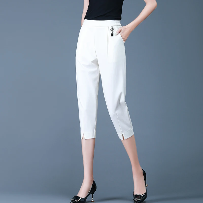 Top Trends: Quality White Cropped Pants With Elastic Waist For Women's Loose Fitting Summer Fit 2023 New Oversized Slim5XL Fit Versatile Shoppable Styles