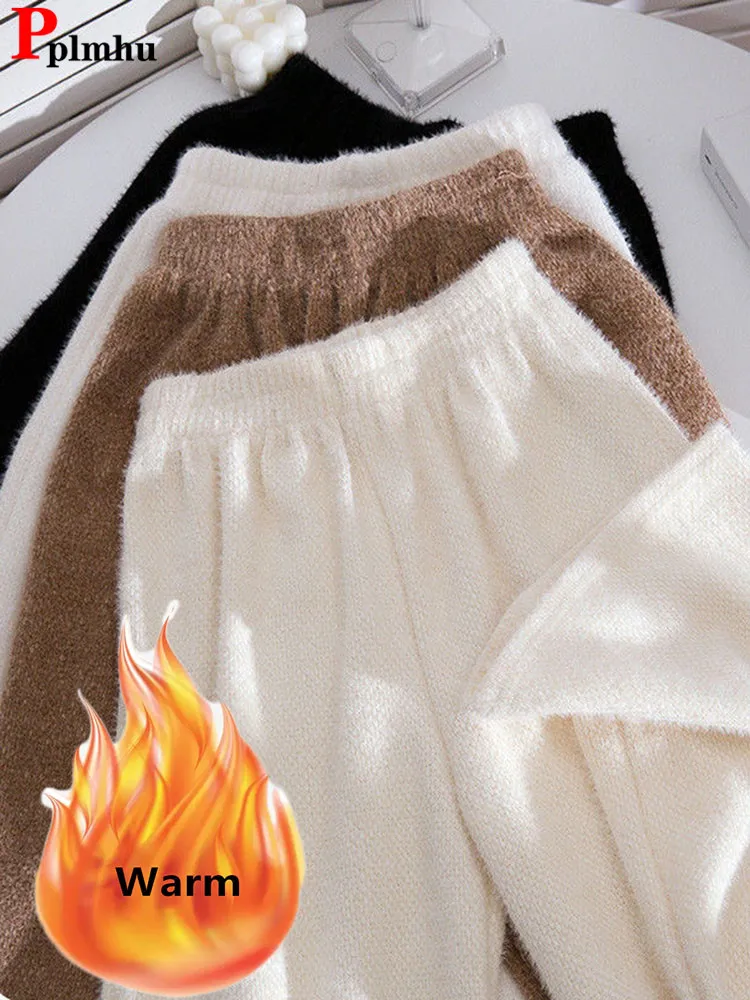 Top Trends: Moms Knitwears Imitation Mink Wide Leg Pants Vintage Winter Fall Thick Straight Pantalones High Waist Plus Size 95kg Plush Broek Shoppable Styles