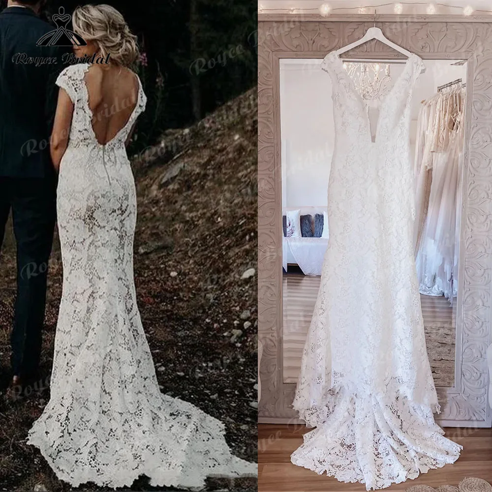 Top Trends: Vestidos Plunging Lace Mermaid Sheath Backless Wedding Dress With Cap Short Sleeve 2024 Robe Civil Bridal Gowns Custom Made Sexy Shoppable Styles