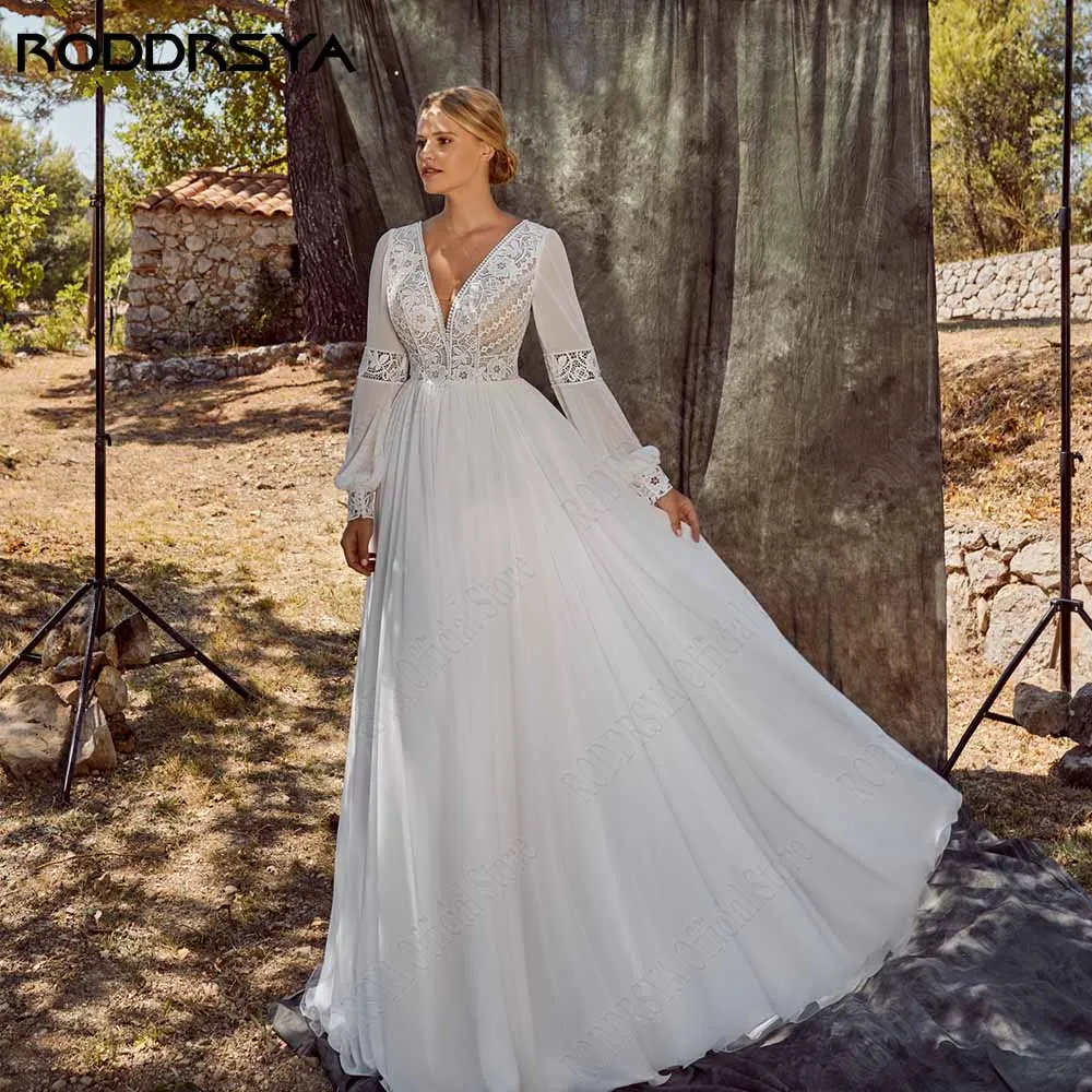 Top Trends: RODDRSYA Chiffon Puff Sleeves Wedding Dresses For Woman V-Neck Classic Bride Gowns Lace Applique Floor Length Vestidos De Novia Shoppable Styles