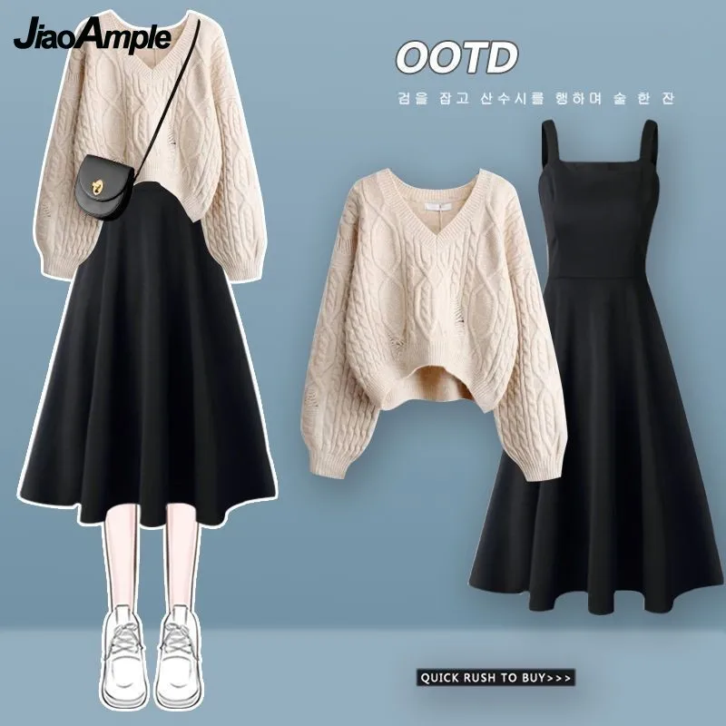 Top Trends: Women's Autumn Winter Suit 2023 New Loose Hole Sweater Dress Two Piece Korean Elegant V-Neck Knit Pullover Strap Skirt Set Shoppable Styles