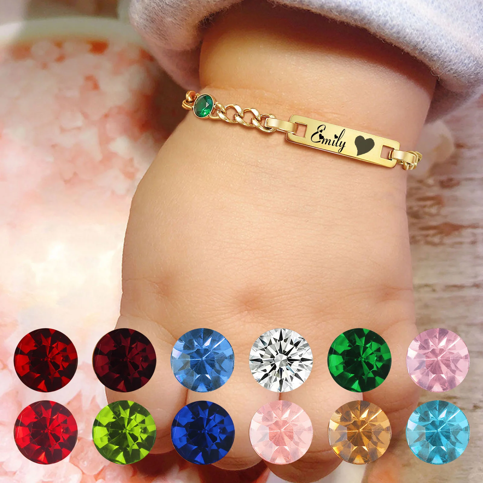 Top Trends: Engrave Personalized ID Baby Bracelet With Birthstone, Customzied Name Curb Chain Adjustable, Newborn Boy Girl Child Birthday Gift Shoppable Styles