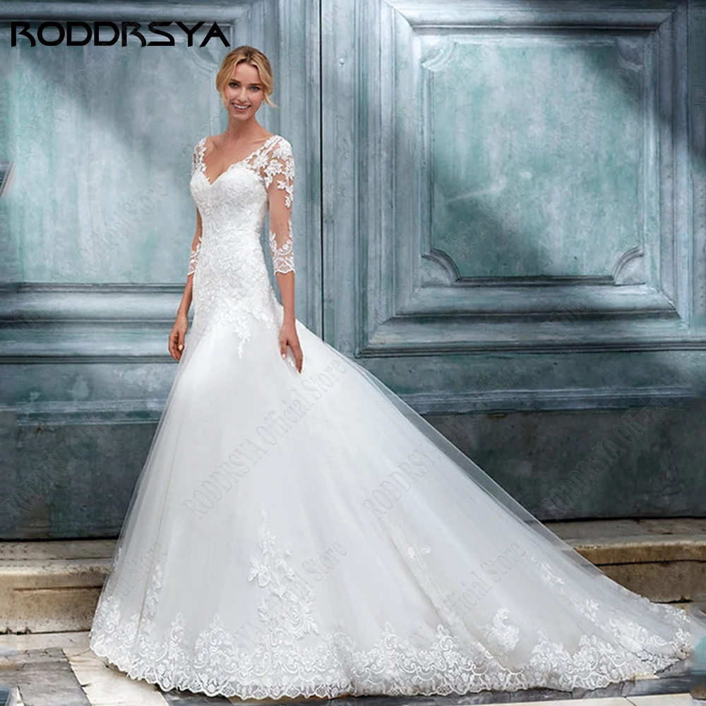 Top Trends: RODDRSYA Exquisite Wedding Dresses For Woman Mermaid 3 / 4 Sleeves Applique Bride Gowns Zipper Back V-Neck Tulle Robe De Mariée Shoppable Styles - Image 4