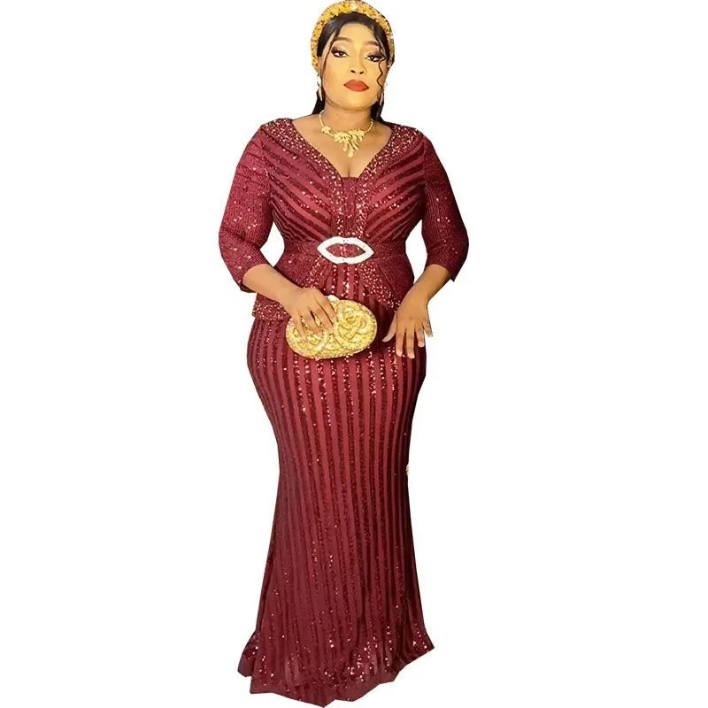 Top Trends: African Wedding Party Dresses For Women Elegant African V-neck 3 / 4 Sleeve Polyester Sequined Long Maxi Dress African Clothes Shoppable Styles