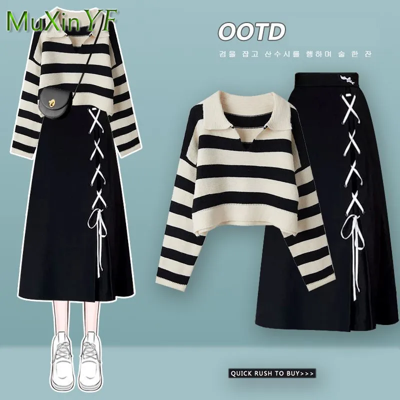 Top Trends: Fall Suit Women 2022 New Striped Knit Sweater Top + Versatile Midi Skirt Two Piece Korean Elegant Casual Pullover Dress Set Shoppable Styles