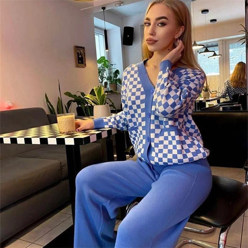 Top Trends: Plaid Knitted Two Piece Women Sets Casual Tracksuit Matching Set 2 Piece Cardigan Pant Suit Elegant Knit Two Piece Set For Women Shoppable Styles