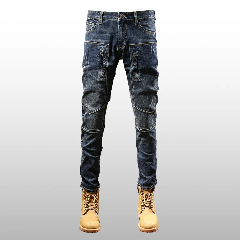 Top Trends: Street Fashion Men Jeans Vintage Blue Zipper Designer Elastic Stretch Skinny Ripped Jeans Men Spliced Hip Hop Biker Pants Hombre Shoppable Styles