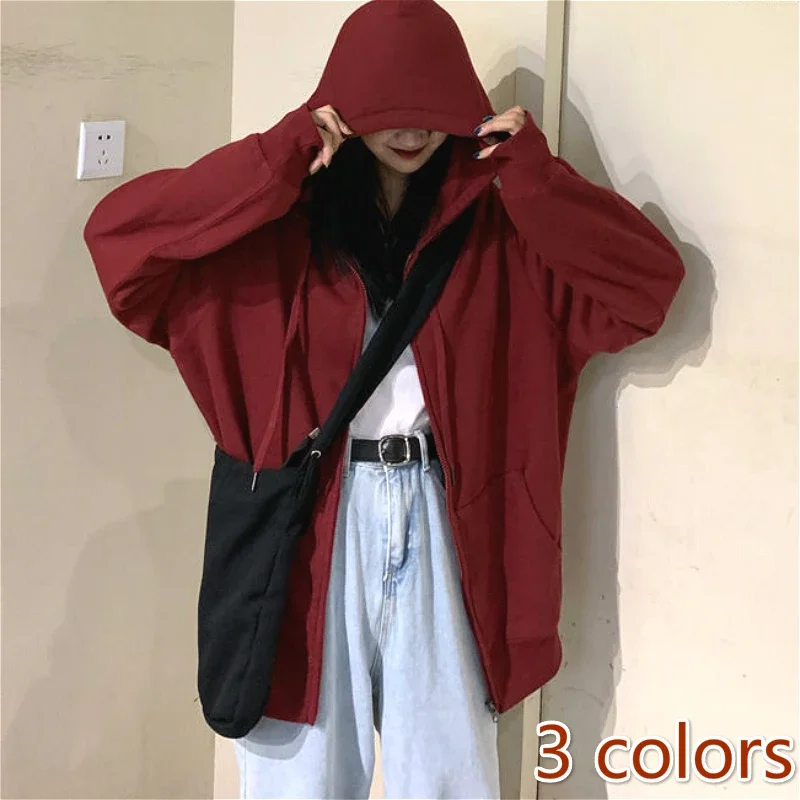 Top Trends: Zip Up Hoodie Women Spring New Casual Hooded Pure Black Retro Lady Jacket Harajuku All-match Chic Oversize Woman Streetwear Tops Shoppable Styles