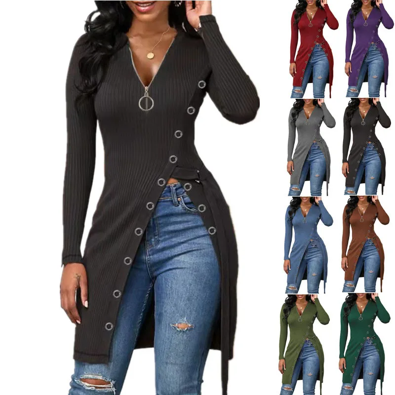 Top Trends: Fashion Spring Autumn Women's V-Neck Long Sleeve High Slit Thread Zip T-Shirt Top Shoppable Styles