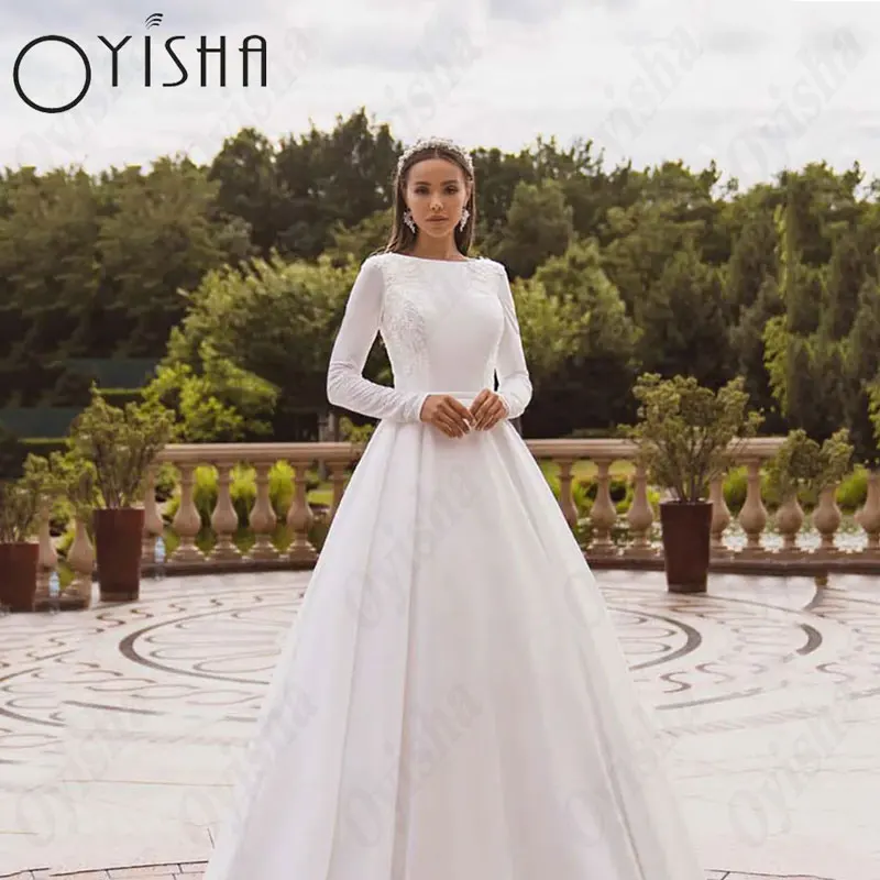 Top Trends: OYISHA Long Sleeves Satin Muslim Wedding Dresses White A-Line Appliques Bridal Gowns O-Neck Sweep Train Dubai Vestidos De Fiesta Shoppable Styles