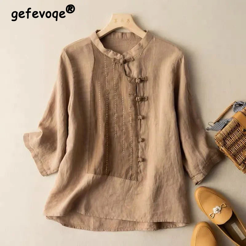 Top Trends: Vintage Ethnic Style Patchwork Loose Cotton Linen Shirt For Women Simple Three Quarter Sleeve Ladies Blouses Tops Clothes 2023 Shoppable Styles