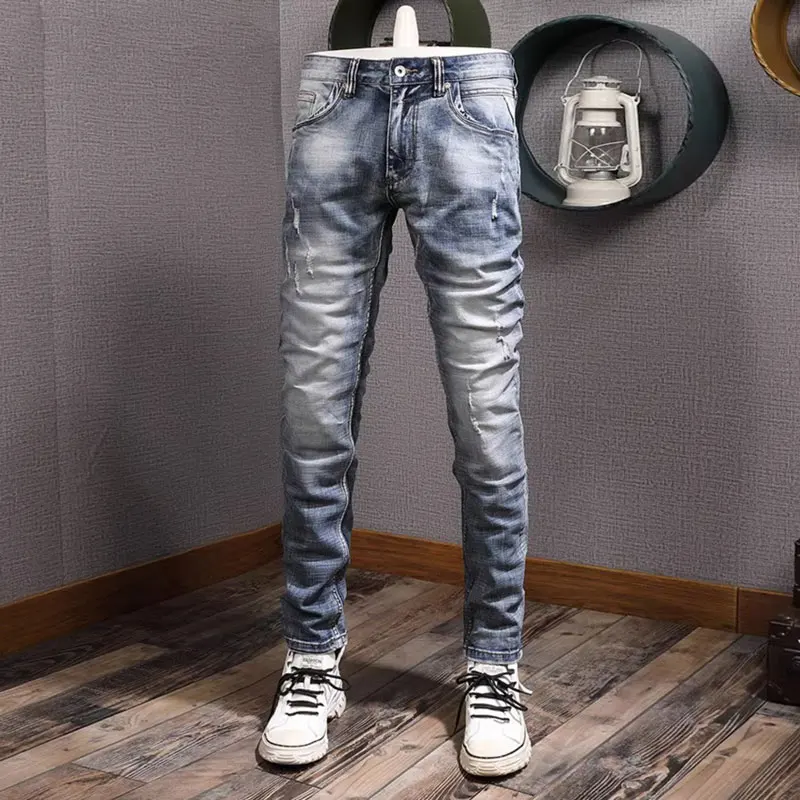 Top Trends: Newly Designer Fashion Men Jeans High Quality Retro Blue Elastic Slim Fit Ripped Jeans Men Trousers Vintage Denim Pants Hombre Shoppable Styles