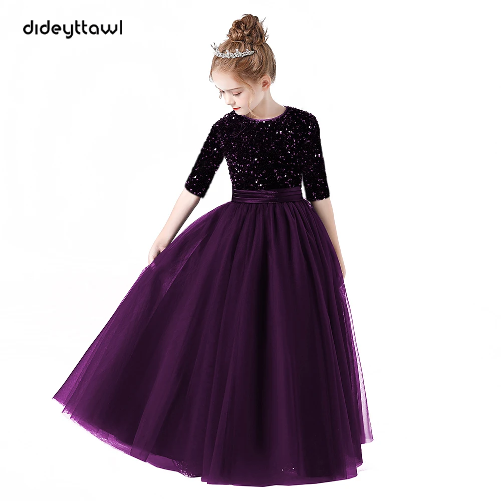 Top Trends: Dideyttawl Sequin Half Sleeves Christmas Long Tulle Junior Concert Bithday Party Pageant Gown Wedding Dress For Girl Shoppable Styles