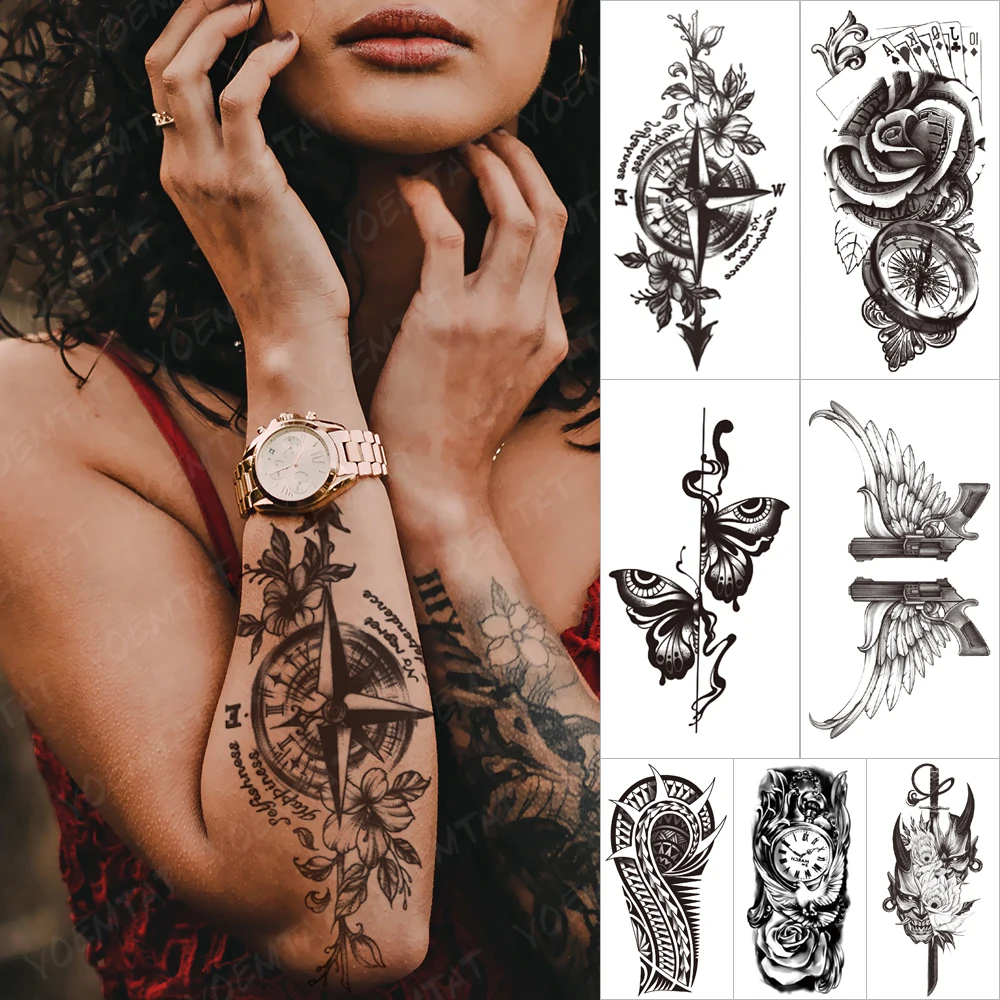 Top Trends: Waterproof Temporary Tattoo Stickers Compass Flowers Trees Poker Rose Clock Tatto Women Men Arm Body Art Fake Sleeve Tattoos Shoppable Styles