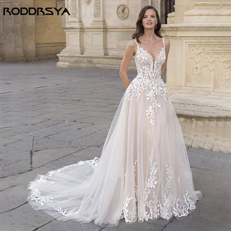 Top Trends: RODDRSYA Spaghetti Straps Appliques Wedding Dresses A-line Lace Sweep Train Bridal Gown Custom Made Backless Vestidos De Novia Shoppable Styles