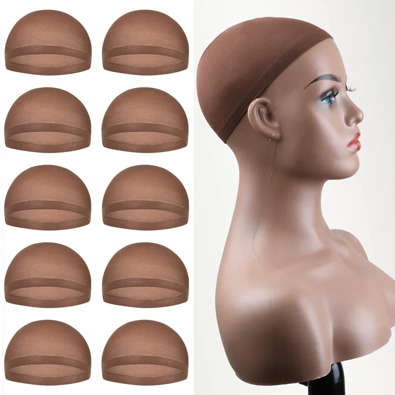 Top Trends: 12pcs / Lot Wig Cap For Making Wigs Unisex Stretchable Stocking Wig Cap Elastic Liner Mesh Dome Hairnets Dark Brown High Quality Shoppable Styles