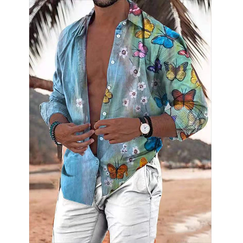 Top Trends: 2022 Hawaiian Butterfly Shirts For Men 3D Long Sleeve Flower Shirt Beach Blouse Oversized Tops Tee Shirt Homme Summer Clothing Shoppable Styles