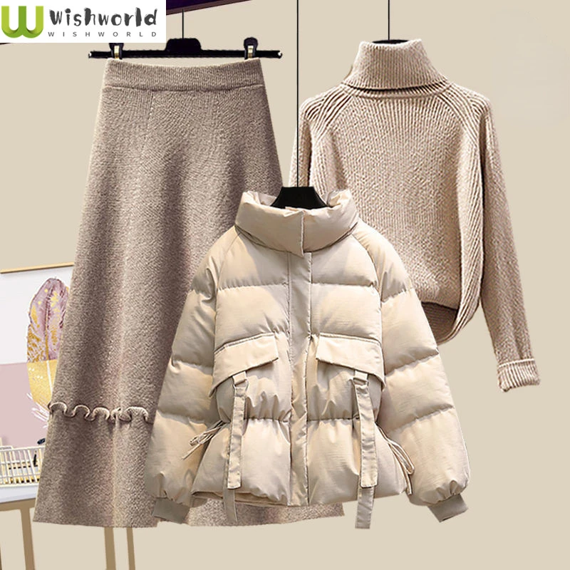 Top Trends: 2022 New Autumn And Winter Korean High Neck Sweater Down Cotton Jacket + Fashion And Leisure Three Piece Skirt Suit Shoppable Styles