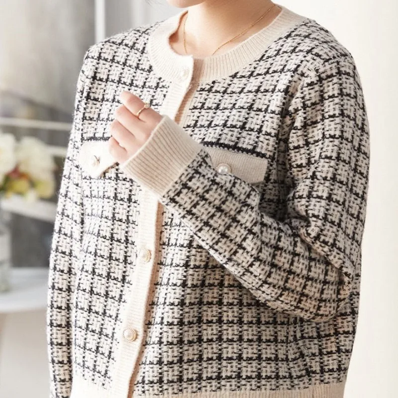 Top Trends: Autumn And Winter Women&#039;s Sweater Button Plaid Loose Fit Knitted Cardigan Plaid Fashion Casual Elegant Long Sleeve Tops Shoppable Styles