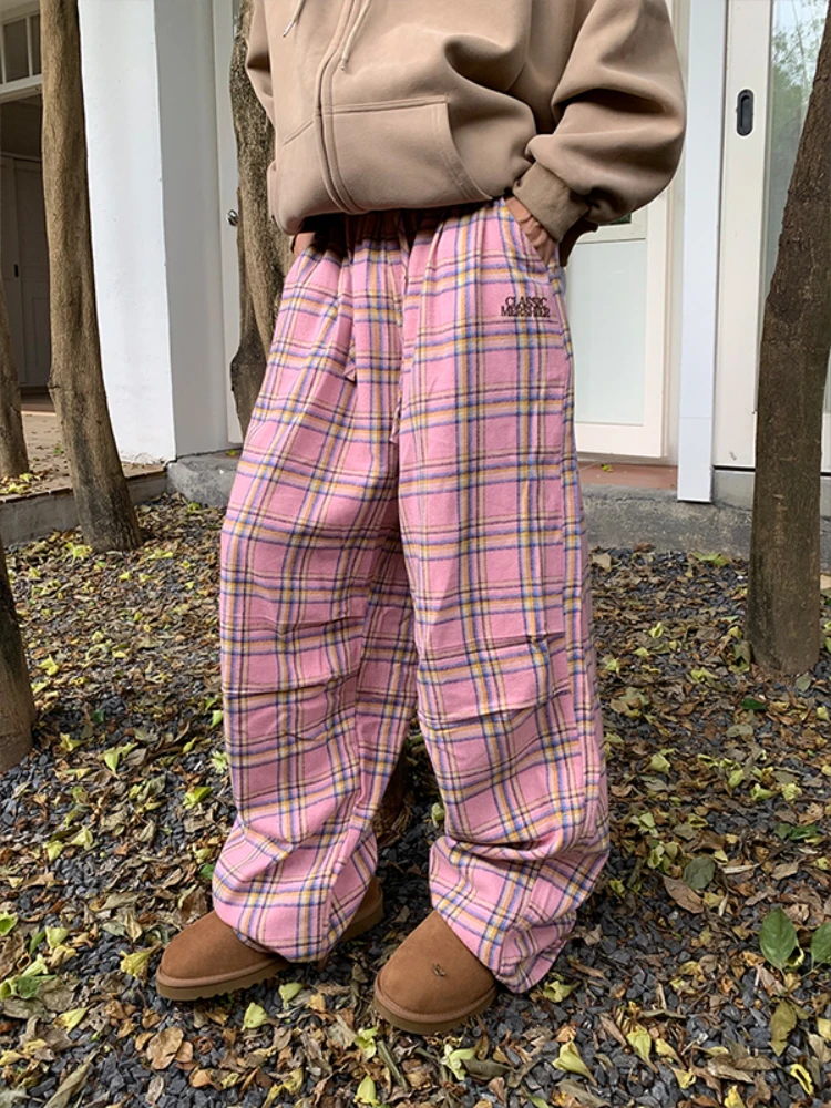 Top Trends: QWEEK Y2K Pink Plaid Pants Women Korean Fashion Winter Checked Trousers Oversized Harajuku Vintage 90s Wide Leg Pantalones Shoppable Styles