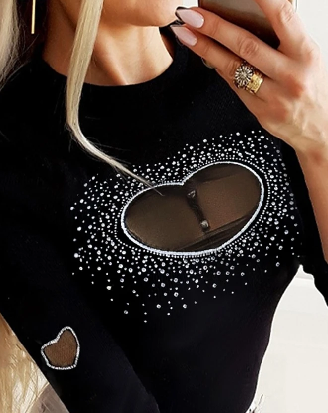 Top Trends: Woman Sexy Blouses 2023 New Fashion Autumn And Winter Heart Pattern Rhinestone Sheer Mesh Patch Top Female Casual Pullover Shoppable Styles - Image 2