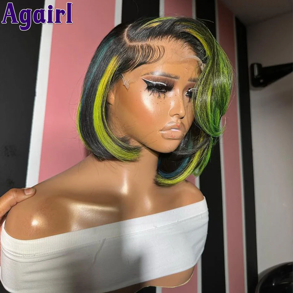 Top Trends: Green Blue Highlight Short Bob Wavy Lace Front Wig For Women Brazilian Body Wave Human Hair Wigs HD Transparent Lace Frontal Wig Shoppable Styles