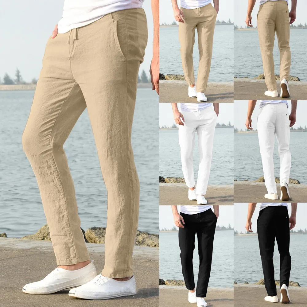 Top Trends: Mens Casual Linen Breathable Loose Long Pants Solid Color Straight Trousers Slim Fitness Pant Male Bottoms Shoppable Styles