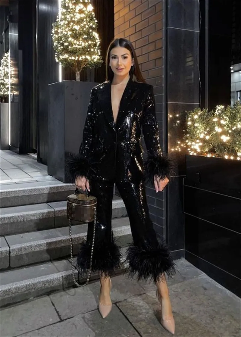 Top Trends: Black Sequins Women Suits 2 Pcs Luxury Ostrich Feather Blazer+ Pants Designer Red Carpet Prom Dress Custom Made Costume Femme Shoppable Styles