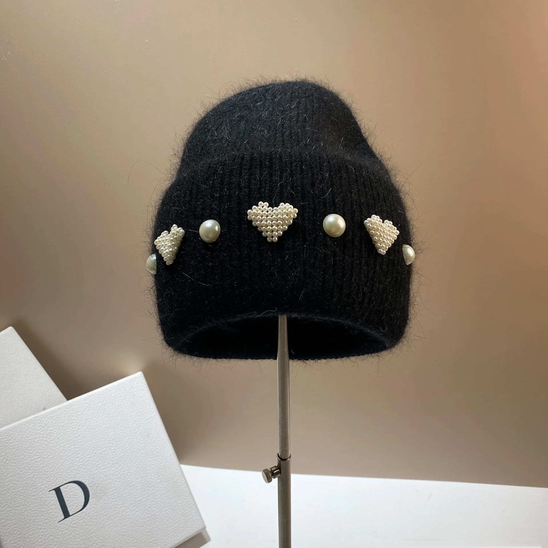 Top Trends: Designer Brand Love Heart Pearls Rabbit Fur Knitted Hat Women Winter Warm Hats Fashion Lady Ear Protection Beanie Wool Skullies Shoppable Styles