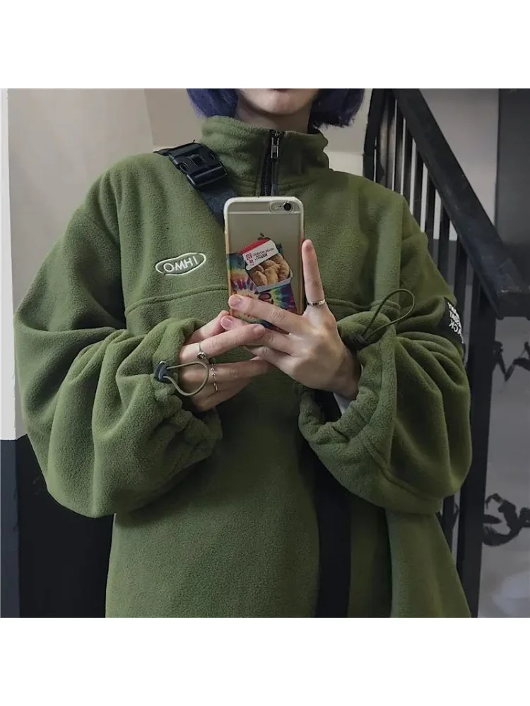 Top Trends: HOUZHOU Vintage Fleece Green Jackets Women Harajuku Streetwear Oversize Zip Up Sweatshirts Female Korean Fashion Basic Hoodies Shoppable Styles