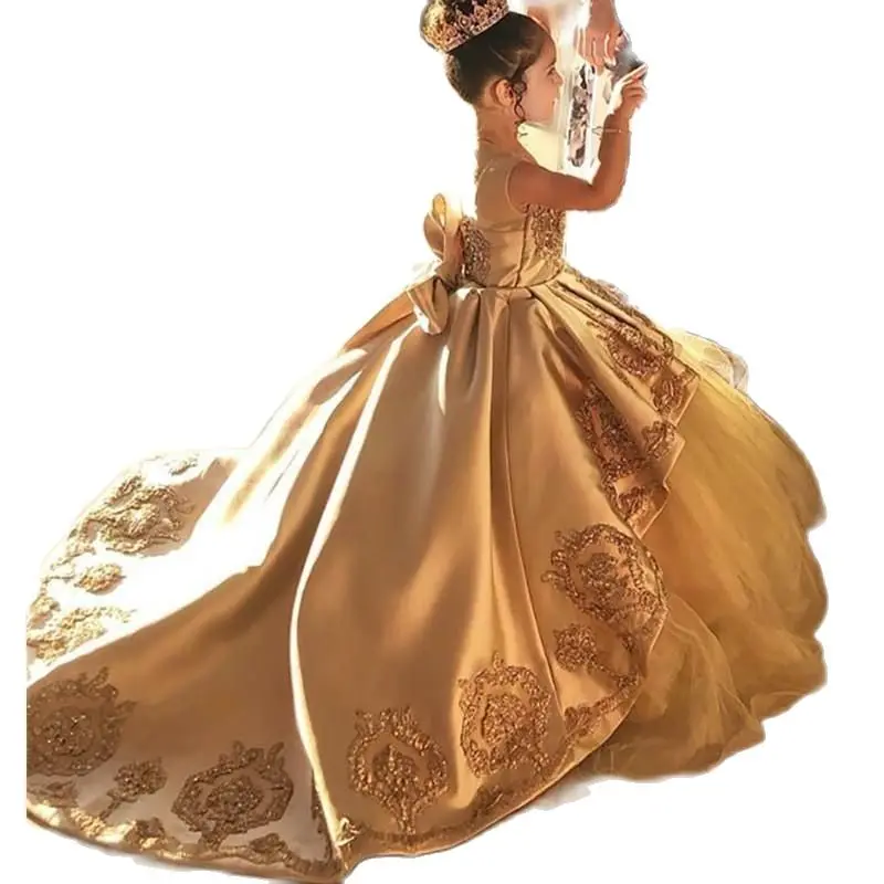 Top Trends: Golden Long Flower Girl Dress For Wedding First Communion Kids Satin Evening Ball Gown Appliques Bow Child Pageant Party Gown Shoppable Styles