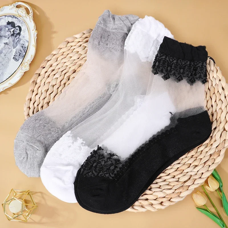 Top Trends: Sexy Lace Mesh Fishnet Socks Mixed Fiber Transparent Stretch Elasticity Ankle Net Yarn Thin Women Cool Socks 1pair=2pcs 2023 Shoppable Styles