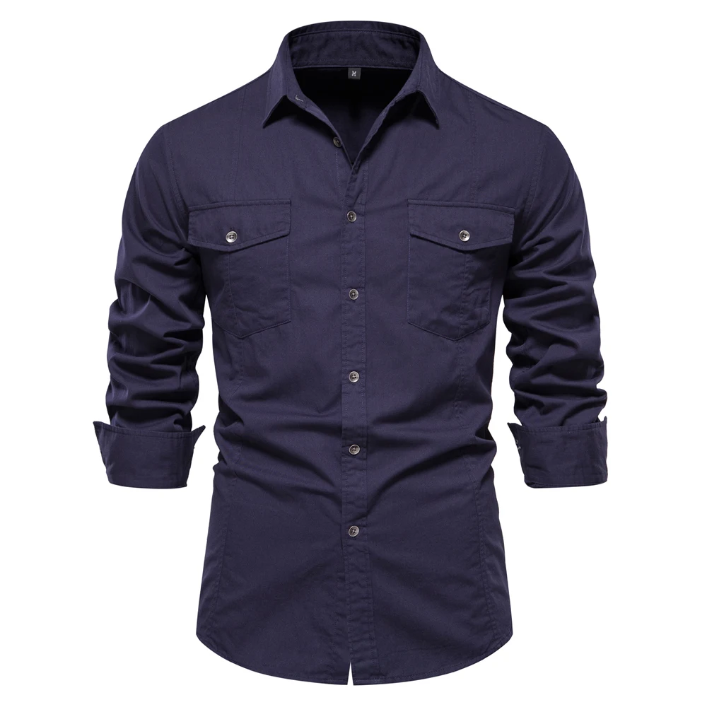 Top Trends: New Autumn 100% Cotton Pocket Shirts Men Solid Color Long Sleeve Slim Casual Blouse High Quality Clothing Cargo Shirt For Men Shoppable Styles - Image 4