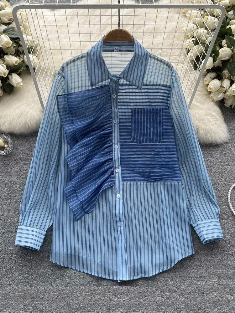 Top Trends: 2023 Spring Summer New Fashion Striped Shirt Women's Ruffled Loose Thin Long Sleeve Shirt Tops Blouse UK438 Shoppable Styles - Image 6