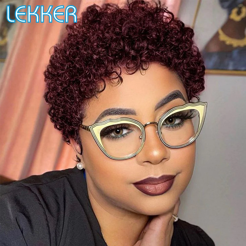 Top Trends: Lekker Wear To Go Highlight 99J Red Short Pixie Cut Curly Human Hair Wigs For Women Brazilian Remy Hair Ombre Colored Curly Wigs Shoppable Styles